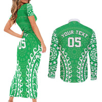 Custom Cook Islands Mitiaro Couples Matching Short Sleeve Bodycon Dress and Long Sleeve Button Shirt Polynesian Tribal Tattoo