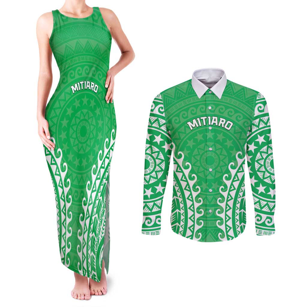 Custom Cook Islands Mitiaro Couples Matching Tank Maxi Dress and Long Sleeve Button Shirt Polynesian Tribal Tattoo