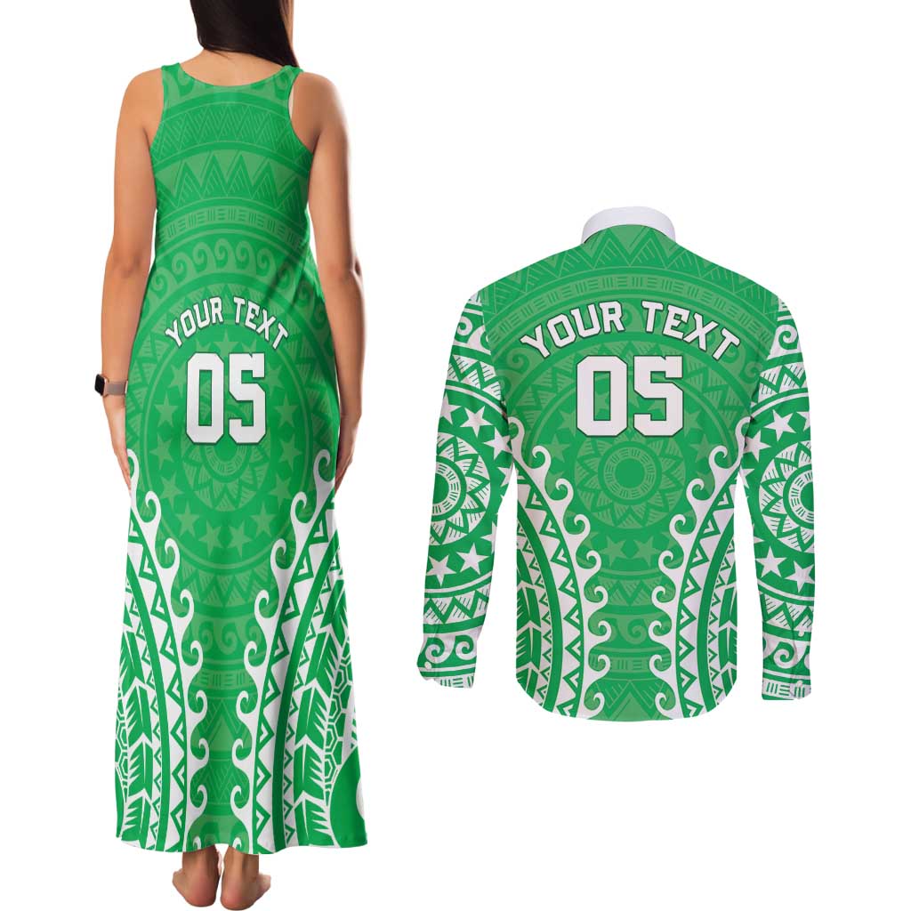 Custom Cook Islands Mitiaro Couples Matching Tank Maxi Dress and Long Sleeve Button Shirt Polynesian Tribal Tattoo