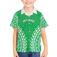 Custom Cook Islands Mitiaro Family Matching Off The Shoulder Long Sleeve Dress and Hawaiian Shirt Polynesian Tribal Tattoo LT05 Son's Shirt Green - Polynesian Pride