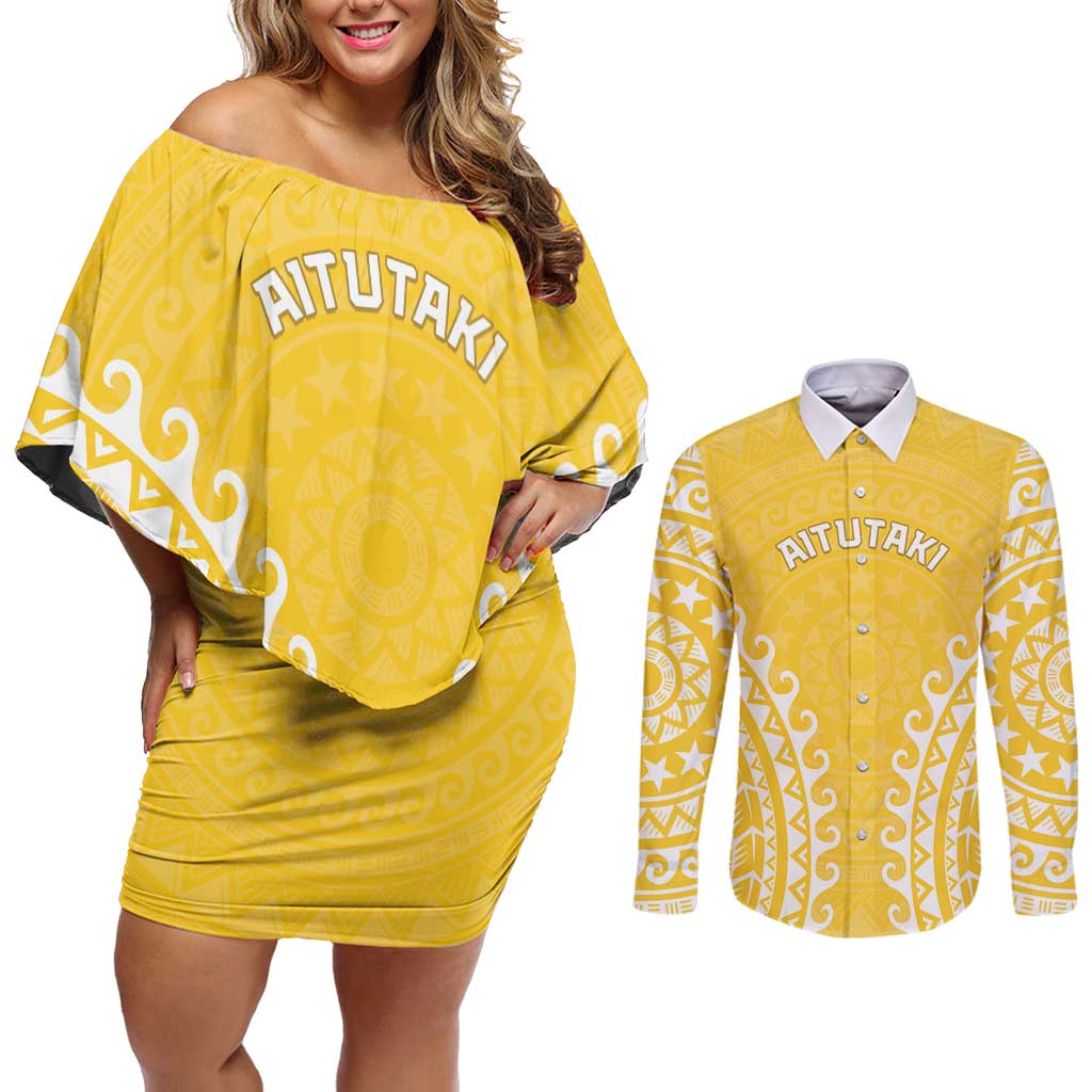 Custom Cook Islands Aitutaki Couples Matching Off Shoulder Short Dress and Long Sleeve Button Shirt Polynesian Tribal Tattoo
