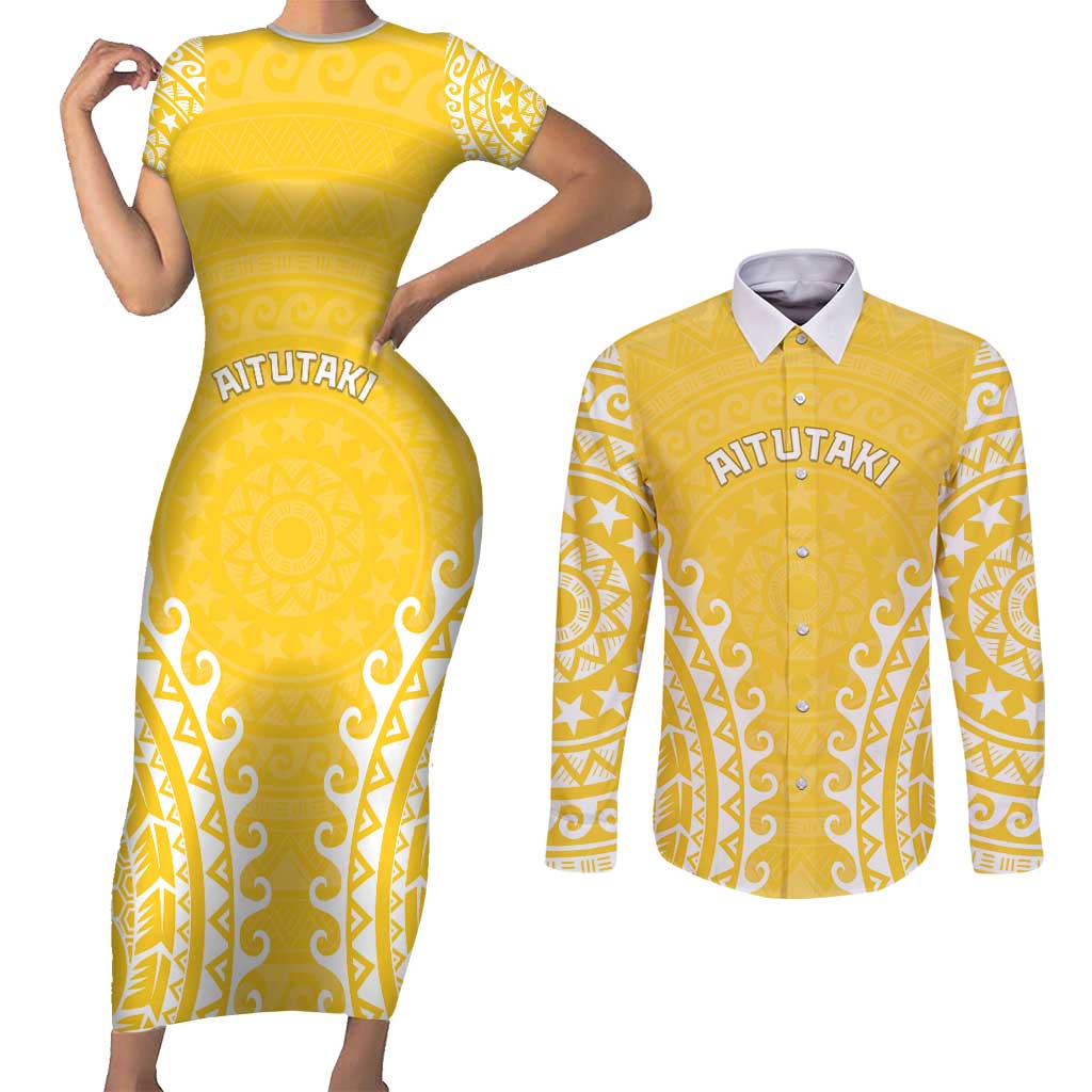 Custom Cook Islands Aitutaki Couples Matching Short Sleeve Bodycon Dress and Long Sleeve Button Shirt Polynesian Tribal Tattoo