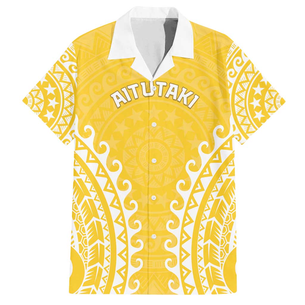 Custom Cook Islands Aitutaki Family Matching Long Sleeve Bodycon Dress and Hawaiian Shirt Polynesian Tribal Tattoo LT05 Dad's Shirt - Short Sleeve Yellow - Polynesian Pride
