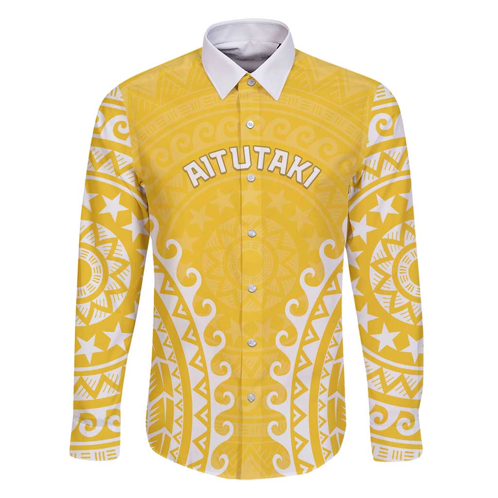 Custom Cook Islands Aitutaki Family Matching Mermaid Dress and Hawaiian Shirt Polynesian Tribal Tattoo LT05 Dad's Shirt - Long Sleeve Yellow - Polynesian Pride