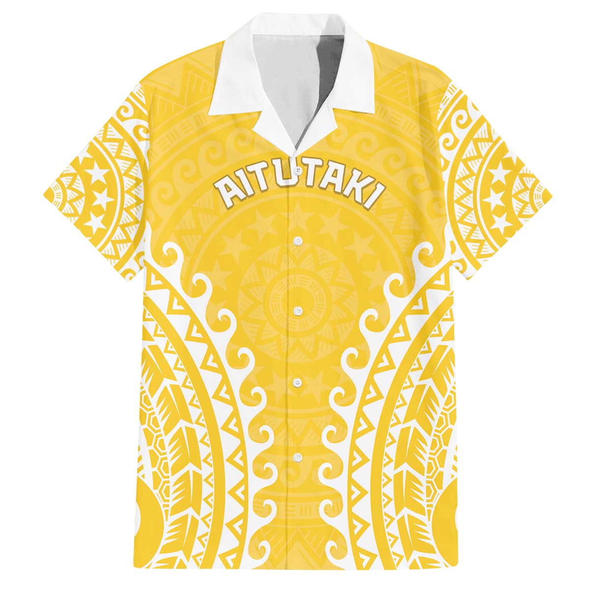 Custom Cook Islands Aitutaki Family Matching Off The Shoulder Long Sleeve Dress and Hawaiian Shirt Polynesian Tribal Tattoo LT05 Dad's Shirt - Short Sleeve Yellow - Polynesian Pride