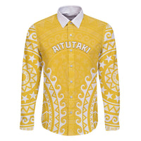 Custom Cook Islands Aitutaki Family Matching Off The Shoulder Long Sleeve Dress and Hawaiian Shirt Polynesian Tribal Tattoo LT05 Dad's Shirt - Long Sleeve Yellow - Polynesian Pride