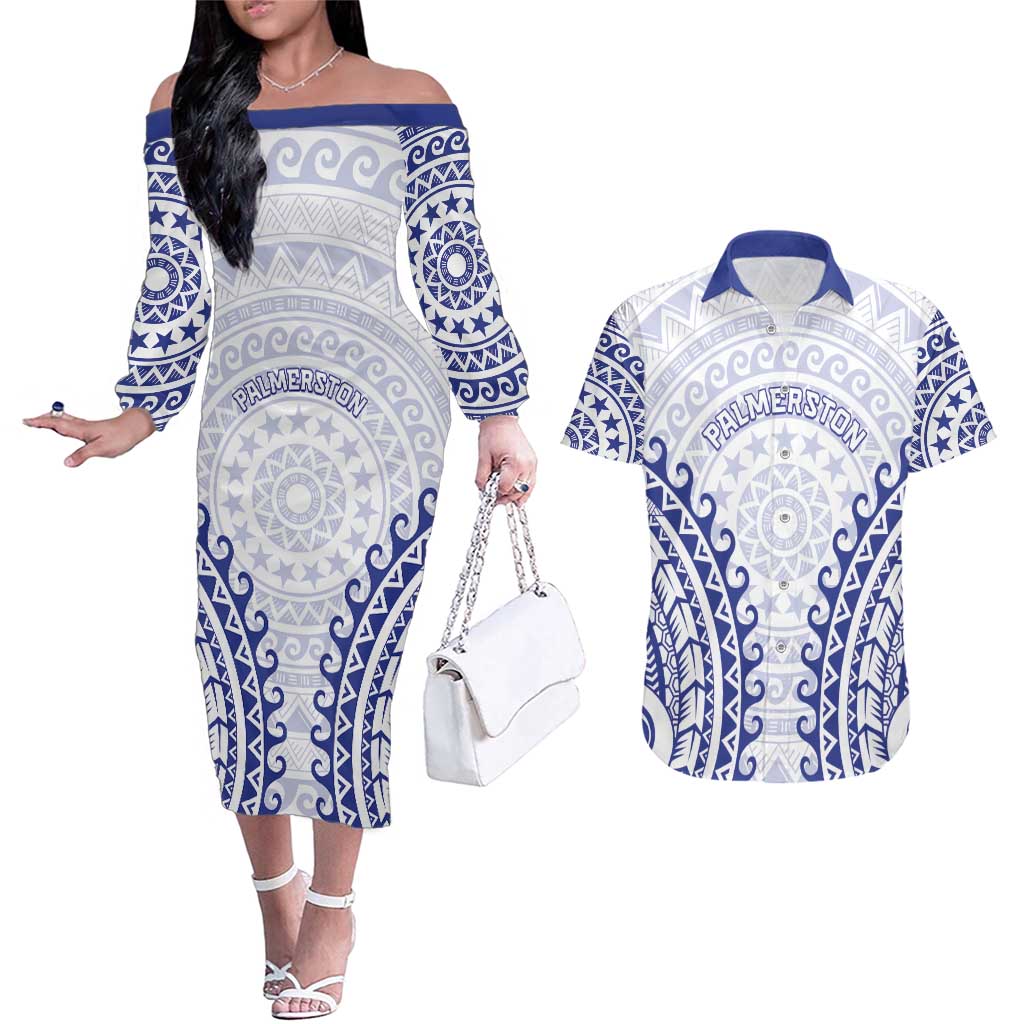 Custom Cook Islands Palmerston Couples Matching Off The Shoulder Long Sleeve Dress and Hawaiian Shirt Polynesian Tribal Tattoo