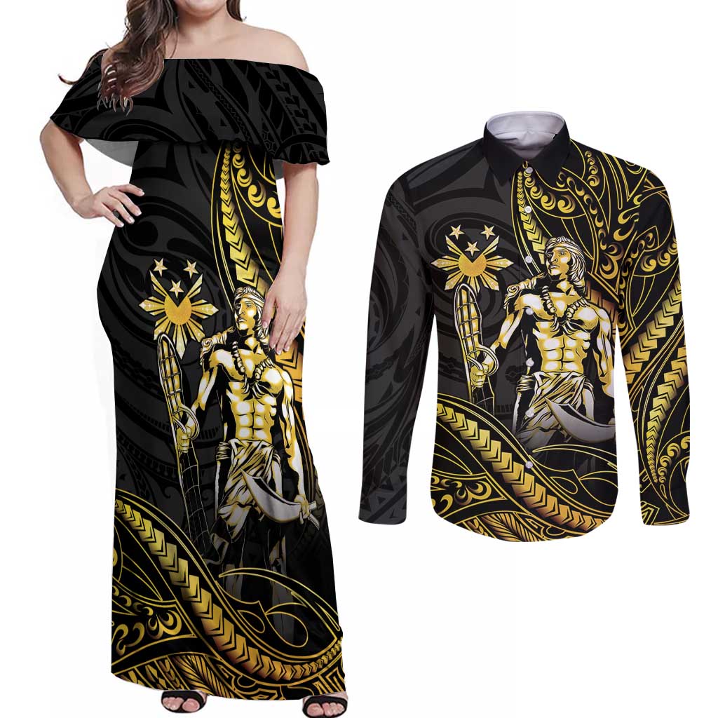 Filipinos Lapu Lapu Hero Couples Matching Off Shoulder Maxi Dress and Long Sleeve Button Shirt Gold Polynesian Tribal Tattoo