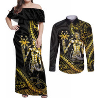 Filipinos Lapu Lapu Hero Couples Matching Off Shoulder Maxi Dress and Long Sleeve Button Shirt Gold Polynesian Tribal Tattoo