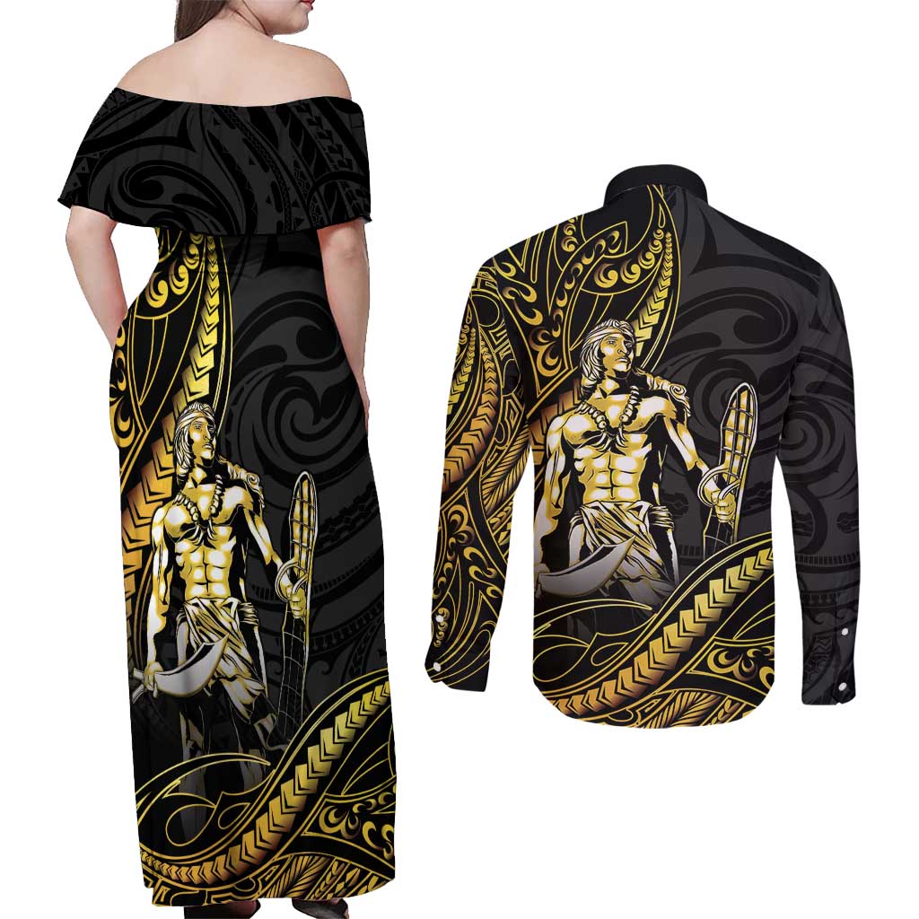 Filipinos Lapu Lapu Hero Couples Matching Off Shoulder Maxi Dress and Long Sleeve Button Shirt Gold Polynesian Tribal Tattoo