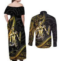 Filipinos Lapu Lapu Hero Couples Matching Off Shoulder Maxi Dress and Long Sleeve Button Shirt Gold Polynesian Tribal Tattoo