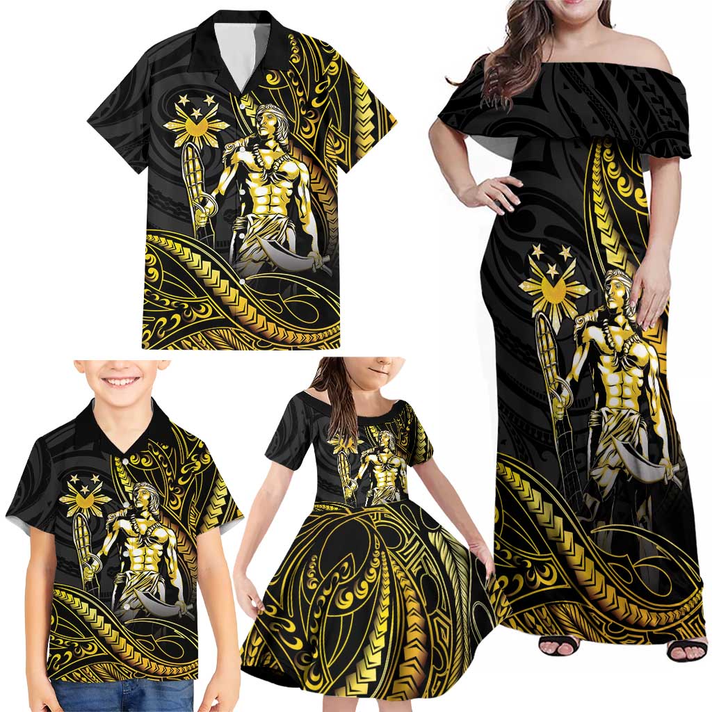 Filipinos Lapu Lapu Hero Family Matching Off Shoulder Maxi Dress and Hawaiian Shirt Gold Polynesian Tribal Tattoo