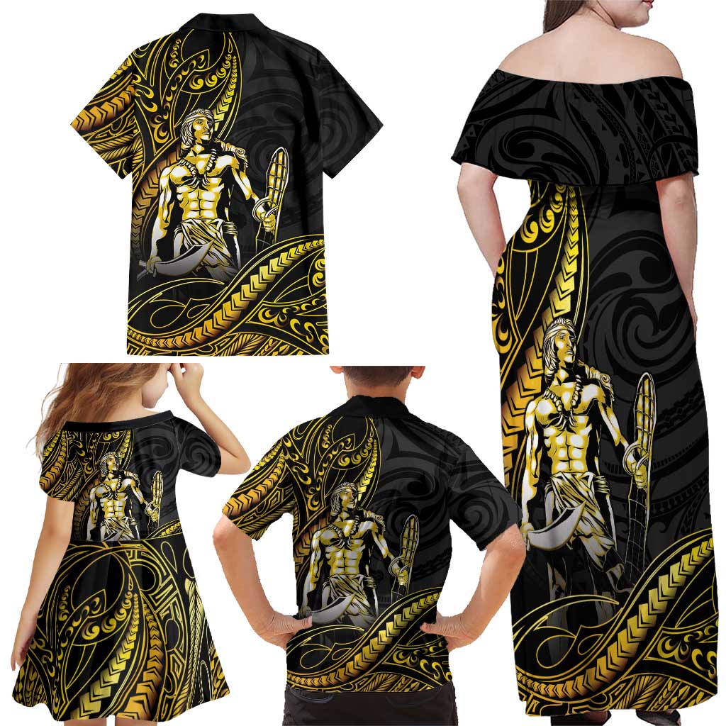 Filipinos Lapu Lapu Hero Family Matching Off Shoulder Maxi Dress and Hawaiian Shirt Gold Polynesian Tribal Tattoo