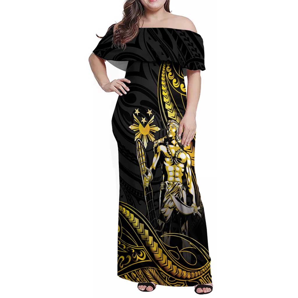 Filipinos Lapu Lapu Hero Family Matching Off Shoulder Maxi Dress and Hawaiian Shirt Gold Polynesian Tribal Tattoo