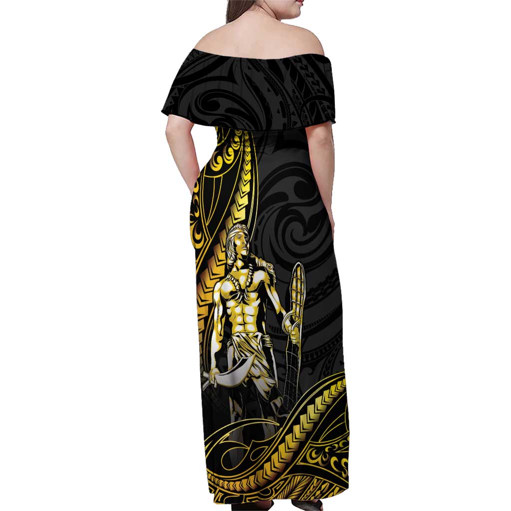 Filipinos Lapu Lapu Hero Family Matching Off Shoulder Maxi Dress and Hawaiian Shirt Gold Polynesian Tribal Tattoo