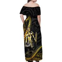 Filipinos Lapu Lapu Hero Family Matching Off Shoulder Maxi Dress and Hawaiian Shirt Gold Polynesian Tribal Tattoo