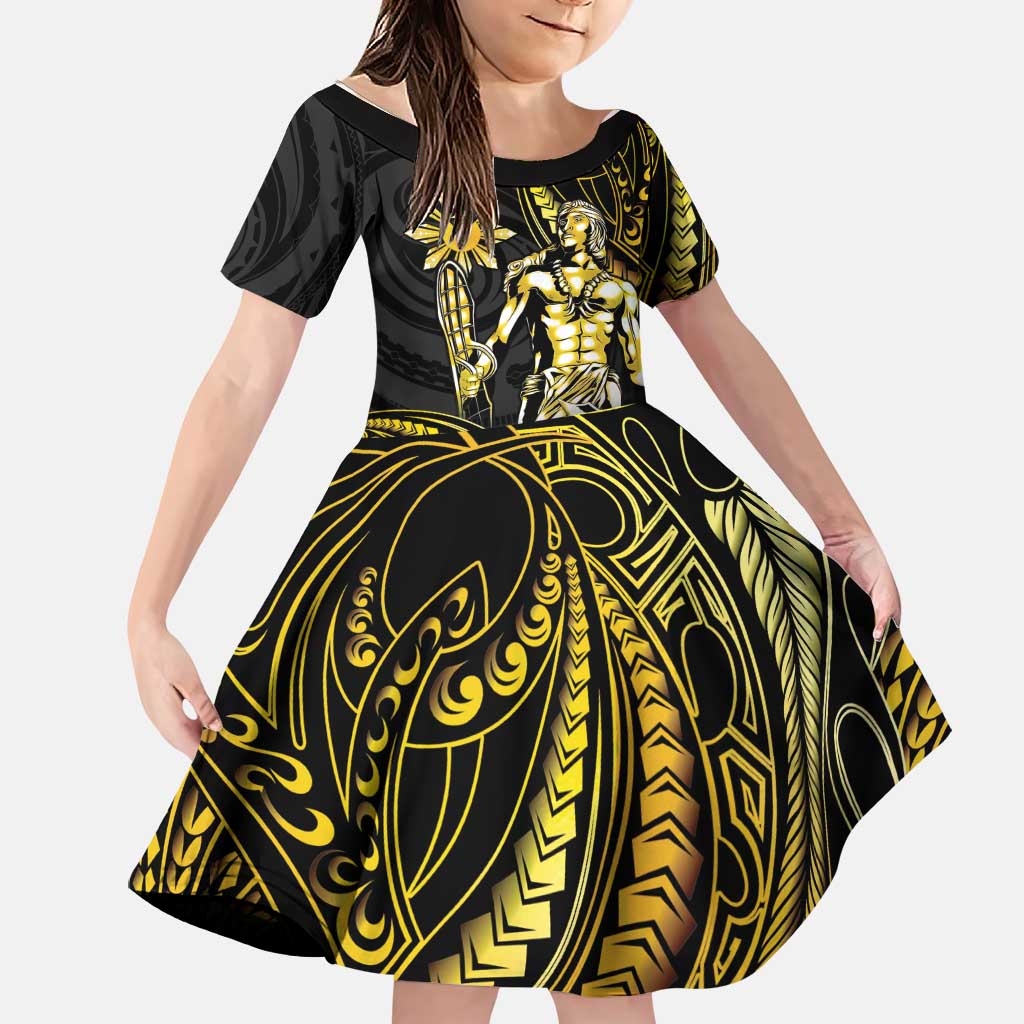 Filipinos Lapu Lapu Hero Family Matching Off Shoulder Short Dress and Hawaiian Shirt Gold Polynesian Tribal Tattoo
