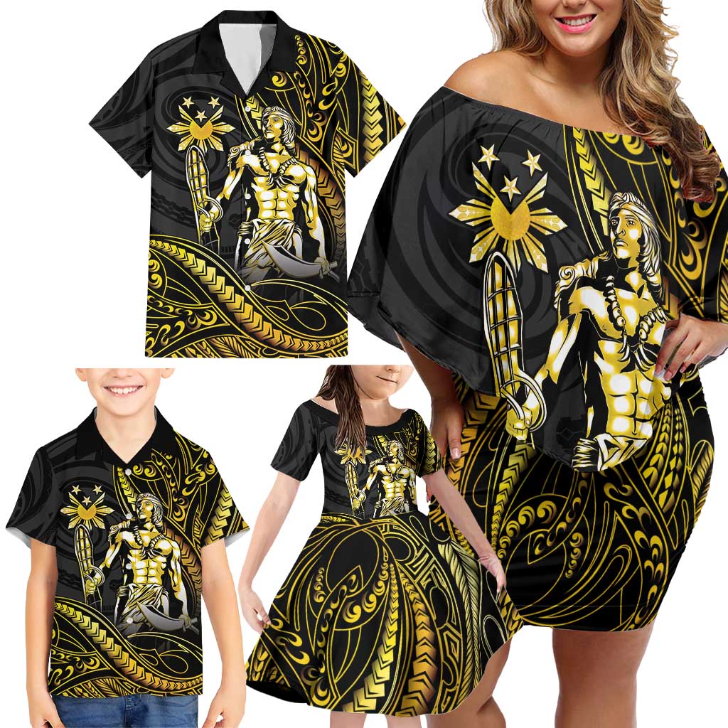 Filipinos Lapu Lapu Hero Family Matching Off Shoulder Short Dress and Hawaiian Shirt Gold Polynesian Tribal Tattoo