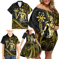Filipinos Lapu Lapu Hero Family Matching Off Shoulder Short Dress and Hawaiian Shirt Gold Polynesian Tribal Tattoo