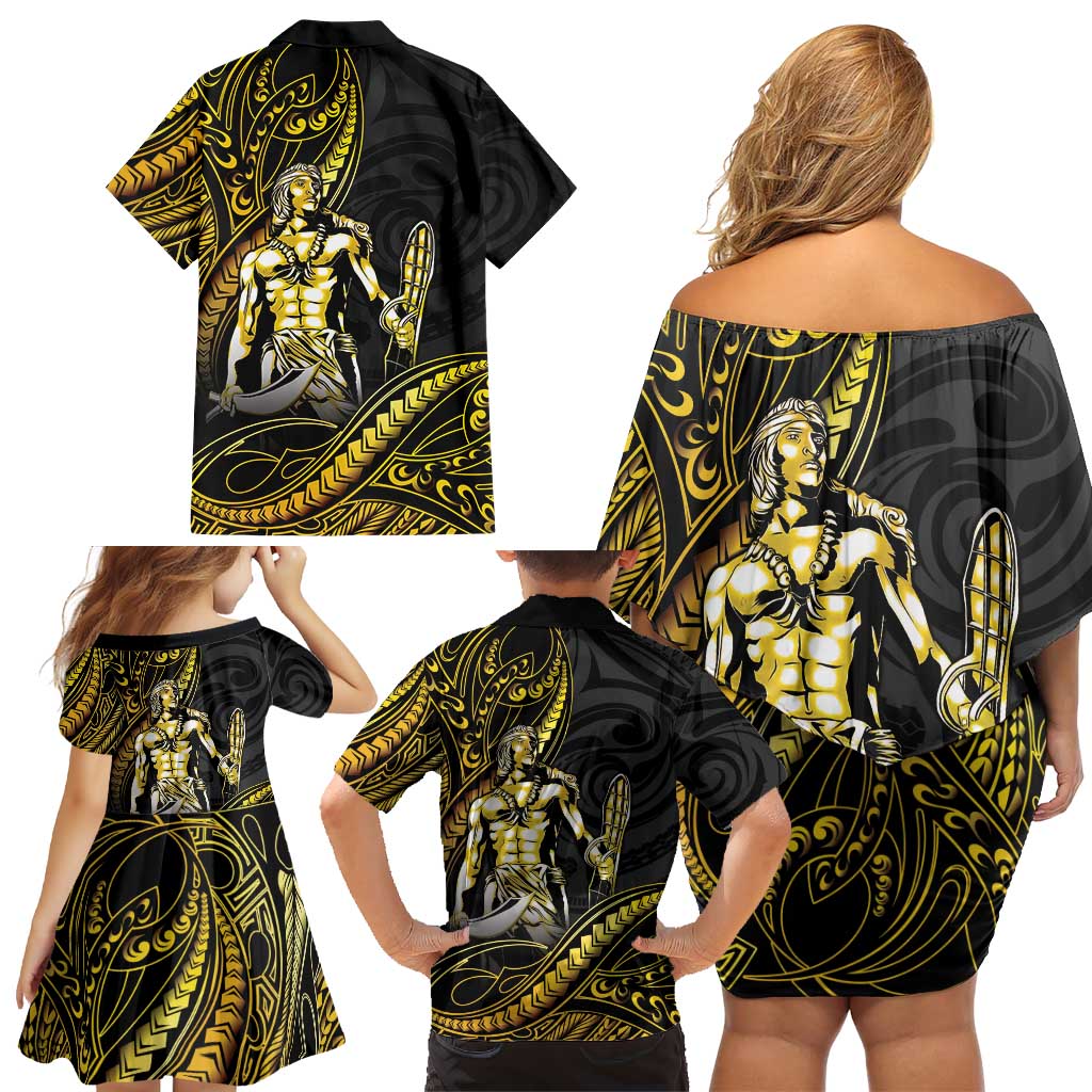 Filipinos Lapu Lapu Hero Family Matching Off Shoulder Short Dress and Hawaiian Shirt Gold Polynesian Tribal Tattoo