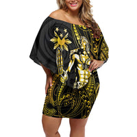 Filipinos Lapu Lapu Hero Family Matching Off Shoulder Short Dress and Hawaiian Shirt Gold Polynesian Tribal Tattoo