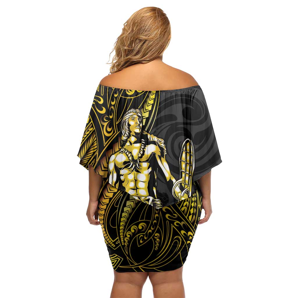 Filipinos Lapu Lapu Hero Family Matching Off Shoulder Short Dress and Hawaiian Shirt Gold Polynesian Tribal Tattoo