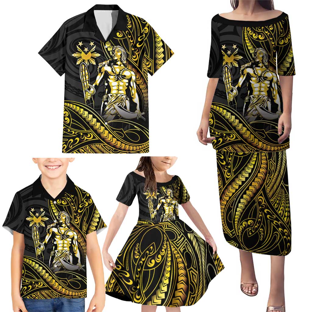 Filipinos Lapu Lapu Hero Family Matching Puletasi and Hawaiian Shirt Gold Polynesian Tribal Tattoo