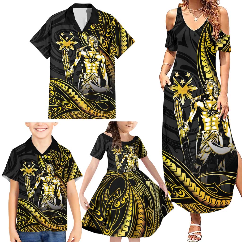Filipinos Lapu Lapu Hero Family Matching Summer Maxi Dress and Hawaiian Shirt Gold Polynesian Tribal Tattoo LT05 - Polynesian Pride