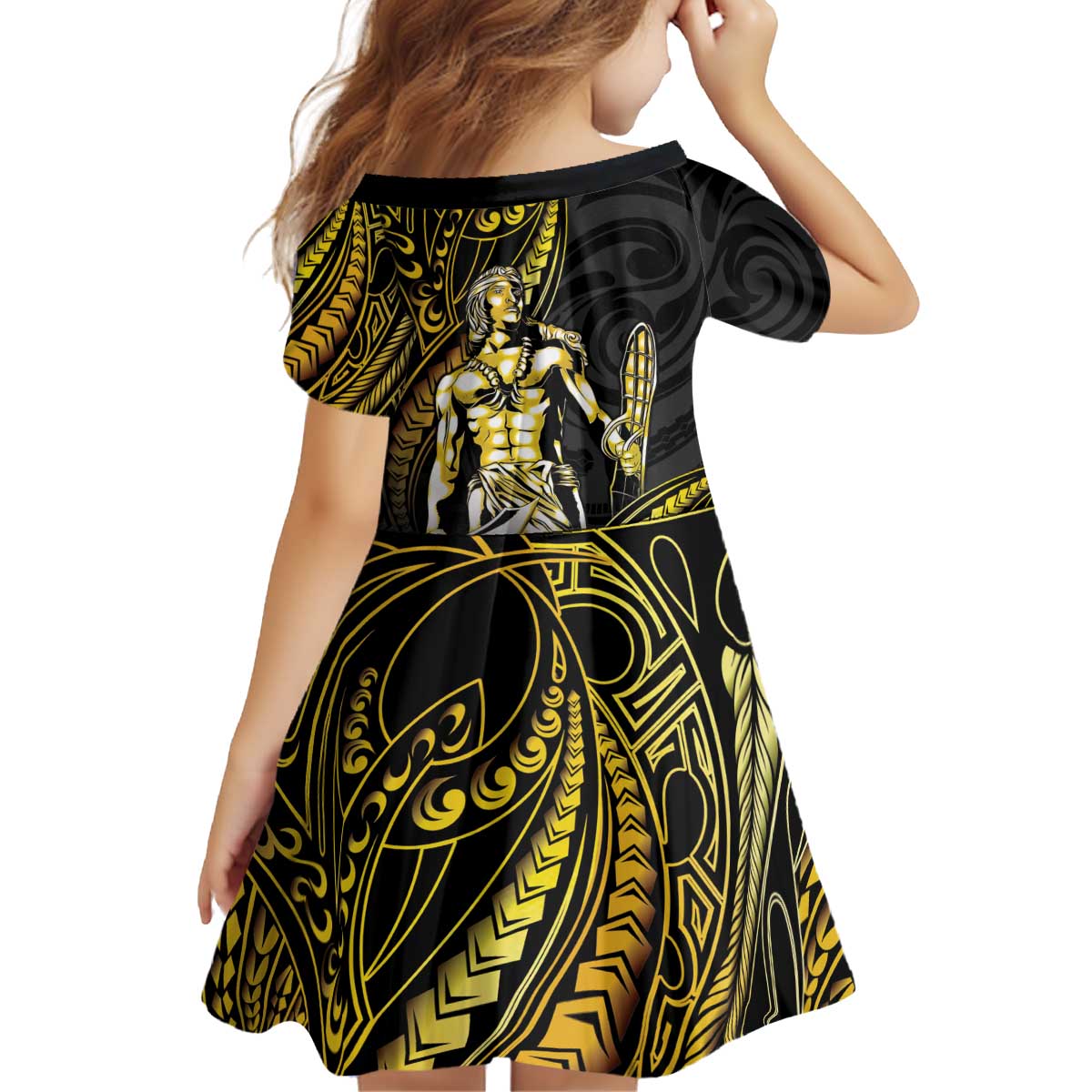 Filipinos Lapu Lapu Hero Kid Short Sleeve Dress Gold Polynesian Tribal Tattoo