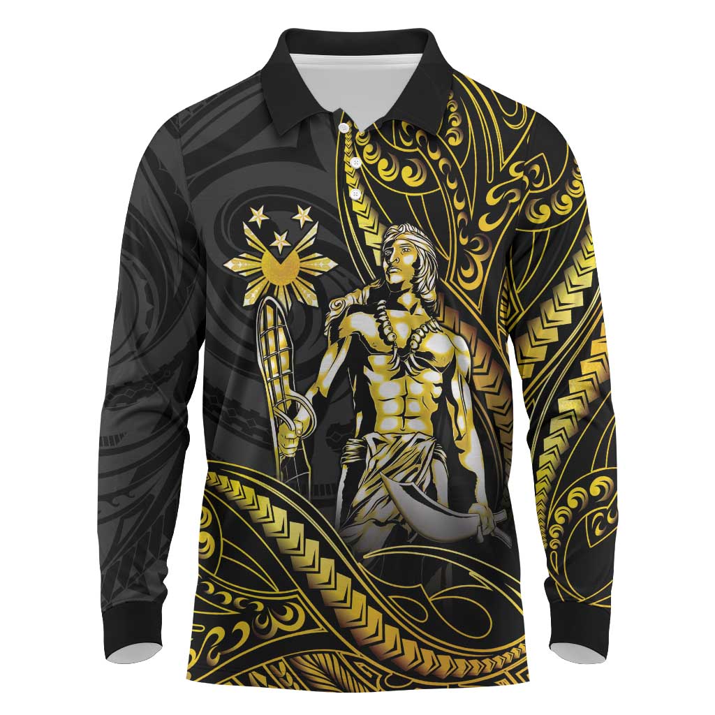 Filipinos Lapu Lapu Hero Long Sleeve Polo Shirt Gold Polynesian Tribal Tattoo