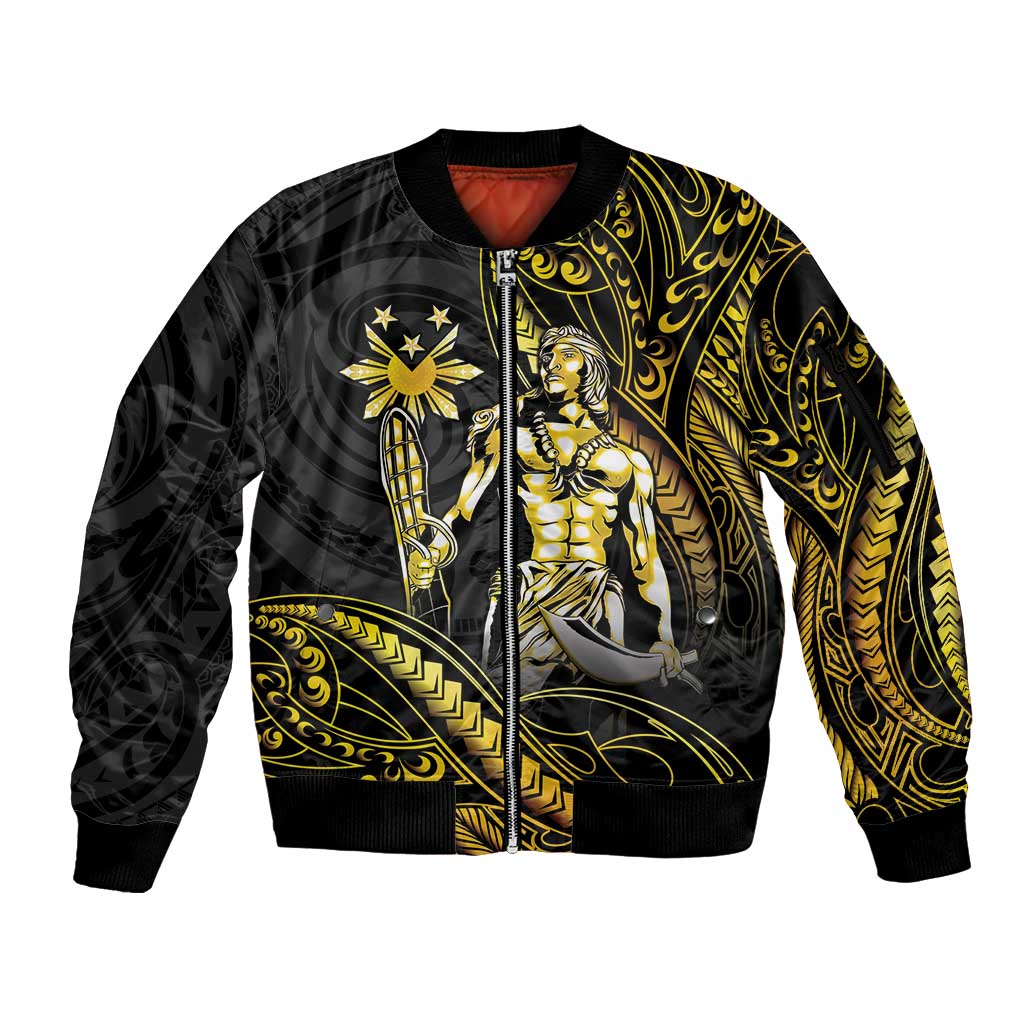 Filipinos Lapu Lapu Hero Sleeve Zip Bomber Jacket Gold Polynesian Tribal Tattoo