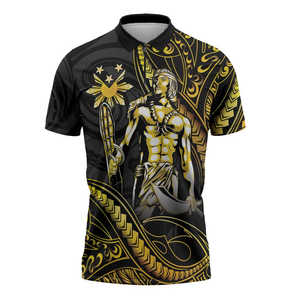 Filipinos Lapu Lapu Hero Zipper Polo Shirt Gold Polynesian Tribal Tattoo