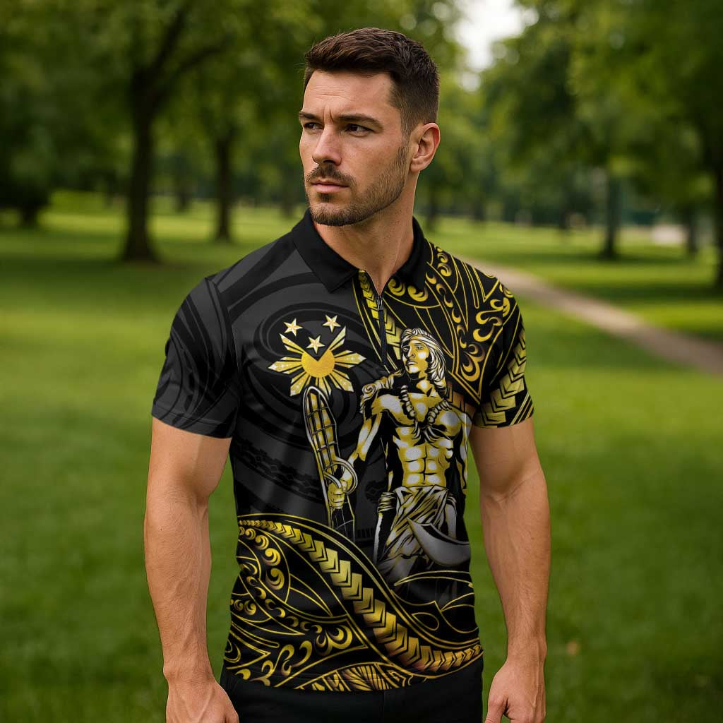 Filipinos Lapu Lapu Hero Zipper Polo Shirt Gold Polynesian Tribal Tattoo