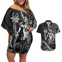 Filipinos Lapu Lapu Hero Couples Matching Off Shoulder Short Dress and Hawaiian Shirt Black Polynesian Tribal Tattoo