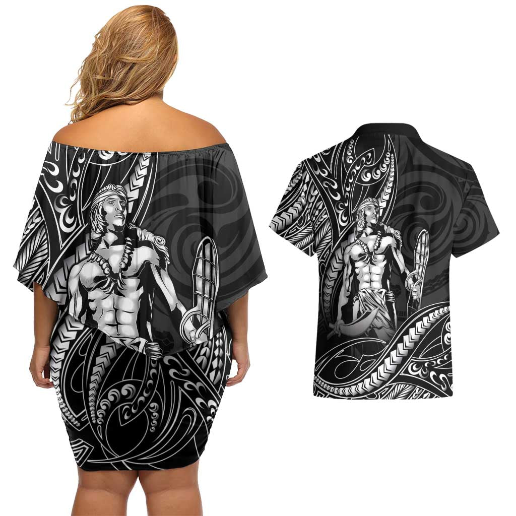 Filipinos Lapu Lapu Hero Couples Matching Off Shoulder Short Dress and Hawaiian Shirt Black Polynesian Tribal Tattoo