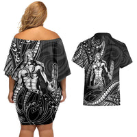 Filipinos Lapu Lapu Hero Couples Matching Off Shoulder Short Dress and Hawaiian Shirt Black Polynesian Tribal Tattoo