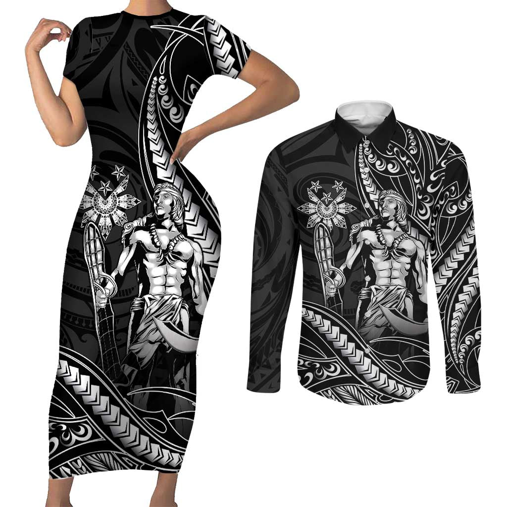 Filipinos Lapu Lapu Hero Couples Matching Short Sleeve Bodycon Dress and Long Sleeve Button Shirt Black Polynesian Tribal Tattoo