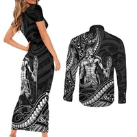 Filipinos Lapu Lapu Hero Couples Matching Short Sleeve Bodycon Dress and Long Sleeve Button Shirt Black Polynesian Tribal Tattoo