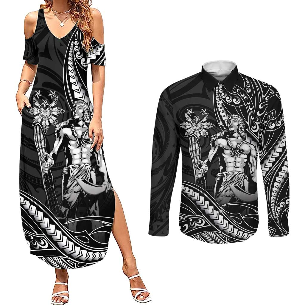 Filipinos Lapu Lapu Hero Couples Matching Summer Maxi Dress and Long Sleeve Button Shirt Black Polynesian Tribal Tattoo