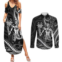 Filipinos Lapu Lapu Hero Couples Matching Summer Maxi Dress and Long Sleeve Button Shirt Black Polynesian Tribal Tattoo