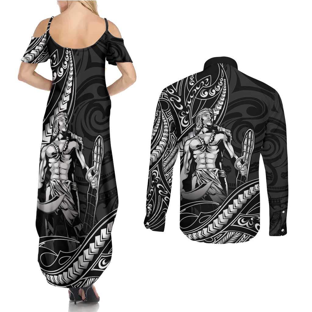 Filipinos Lapu Lapu Hero Couples Matching Summer Maxi Dress and Long Sleeve Button Shirt Black Polynesian Tribal Tattoo