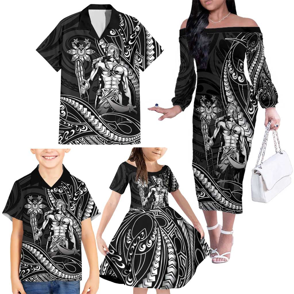 Filipinos Lapu Lapu Hero Family Matching Off The Shoulder Long Sleeve Dress and Hawaiian Shirt Black Polynesian Tribal Tattoo LT05 - Polynesian Pride
