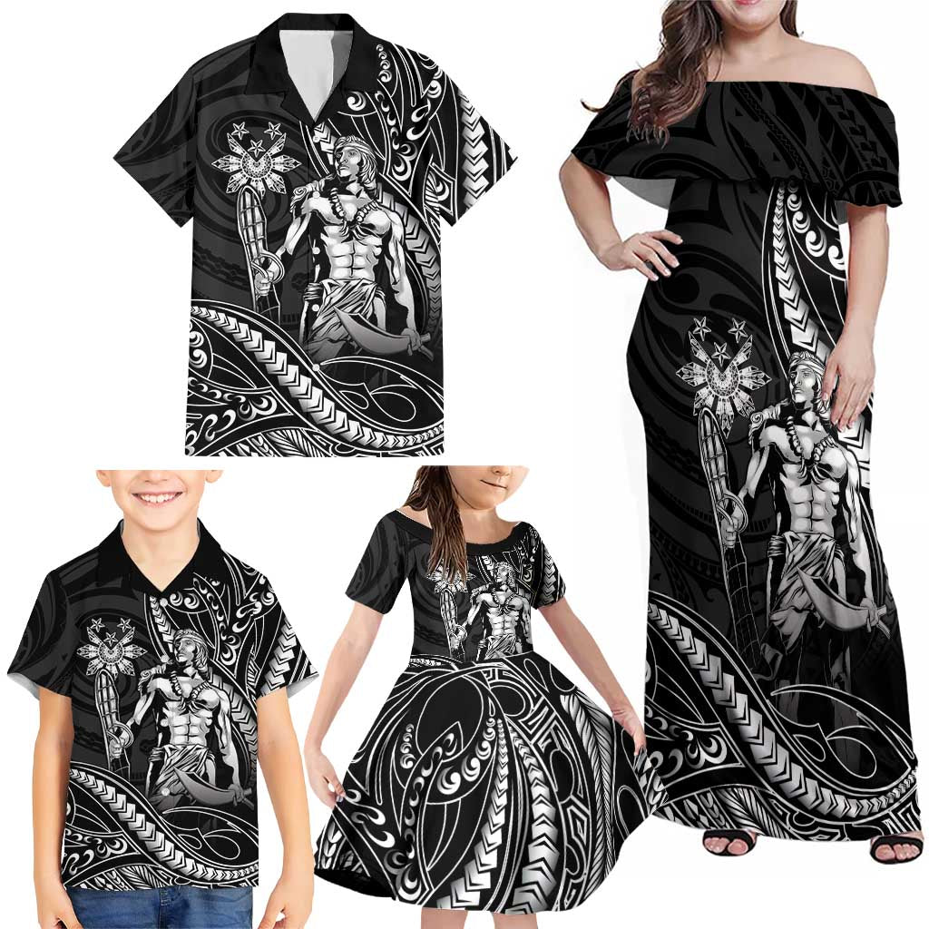 Filipinos Lapu Lapu Hero Family Matching Off Shoulder Maxi Dress and Hawaiian Shirt Black Polynesian Tribal Tattoo LT05 - Polynesian Pride