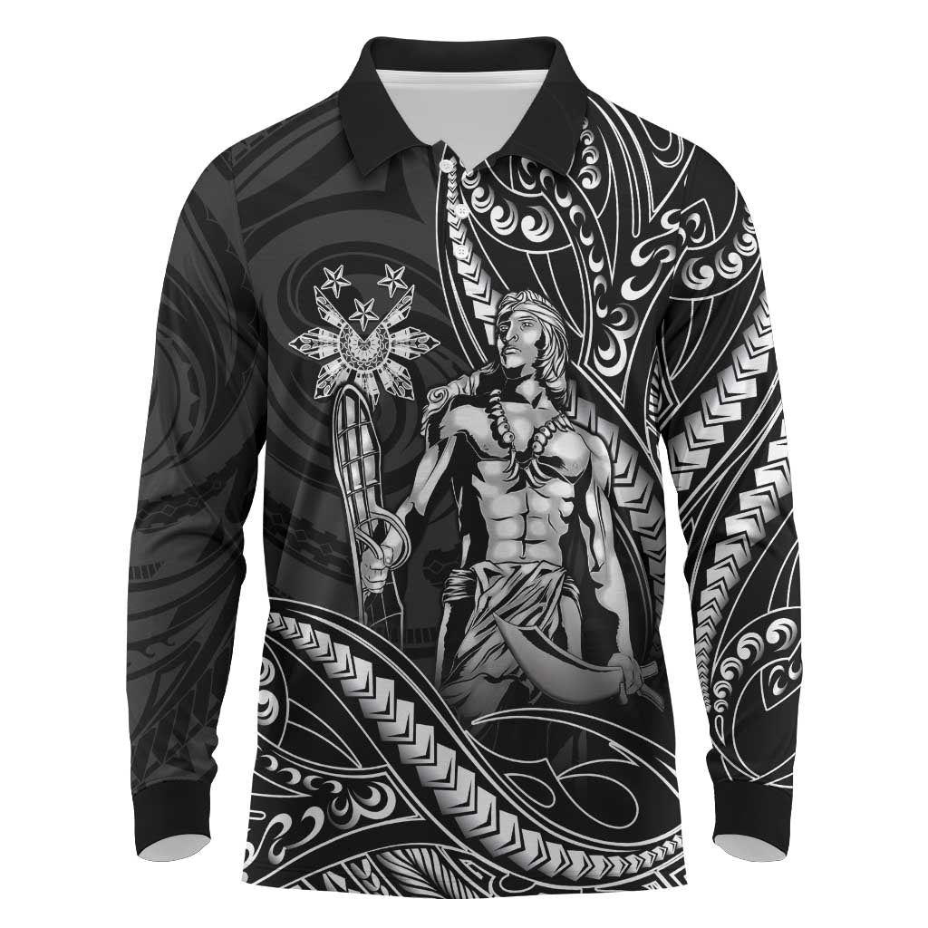 Filipinos Lapu Lapu Hero Long Sleeve Polo Shirt Black Polynesian Tribal Tattoo