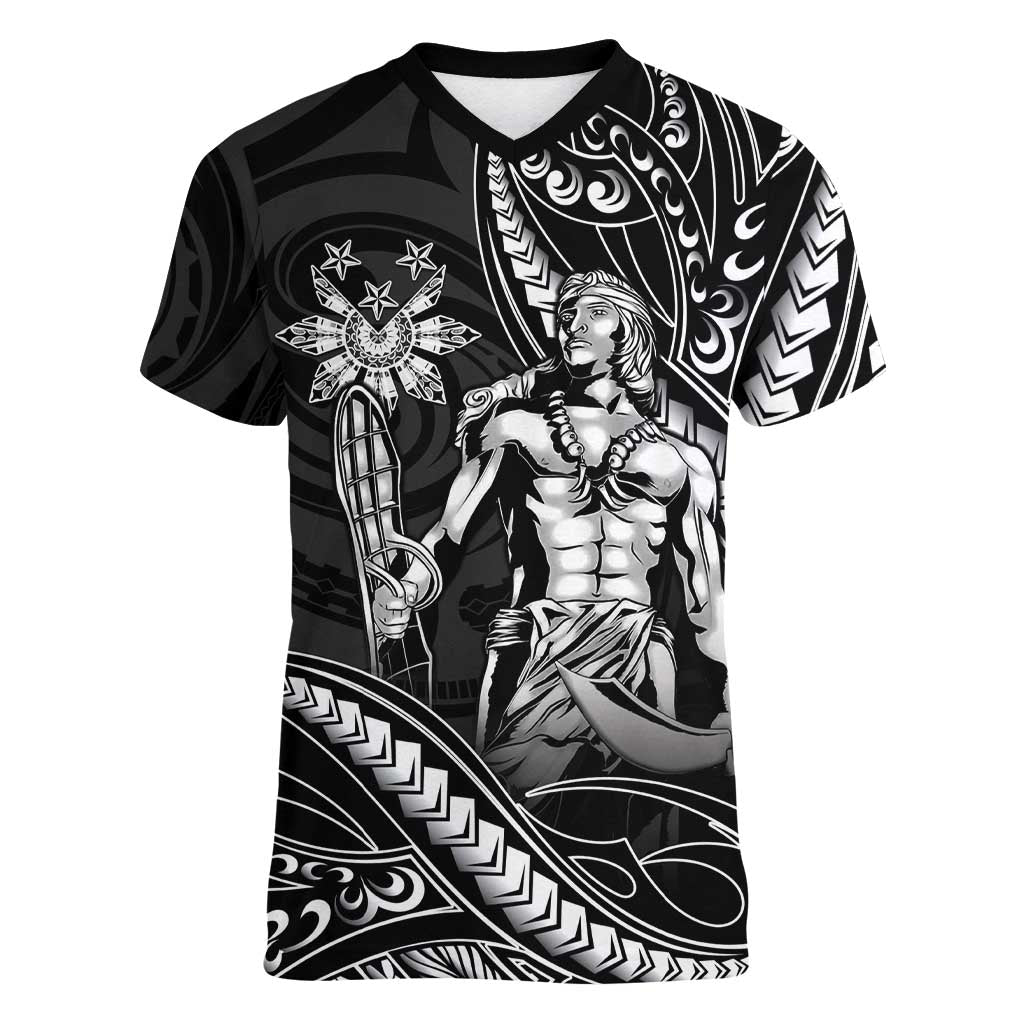 Filipinos Lapu Lapu Hero Women V-Neck T-Shirt Black Polynesian Tribal Tattoo