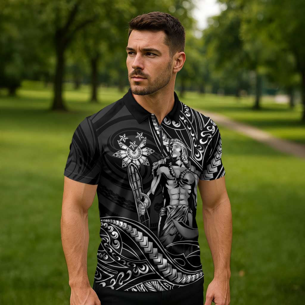 Filipinos Lapu Lapu Hero Zipper Polo Shirt Black Polynesian Tribal Tattoo