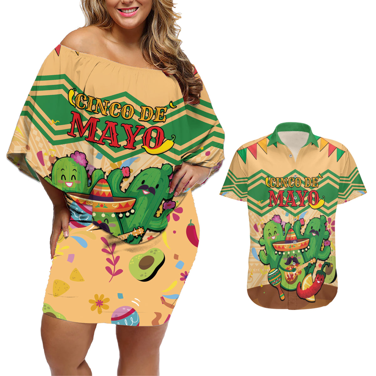 Personalised Hawaii Cinco De Mayo Couples Matching Off Shoulder Short Dress and Hawaiian Shirt Funny Style