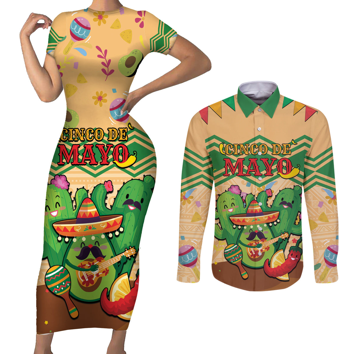 Personalised Hawaii Cinco De Mayo Couples Matching Short Sleeve Bodycon Dress and Long Sleeve Button Shirt Funny Style