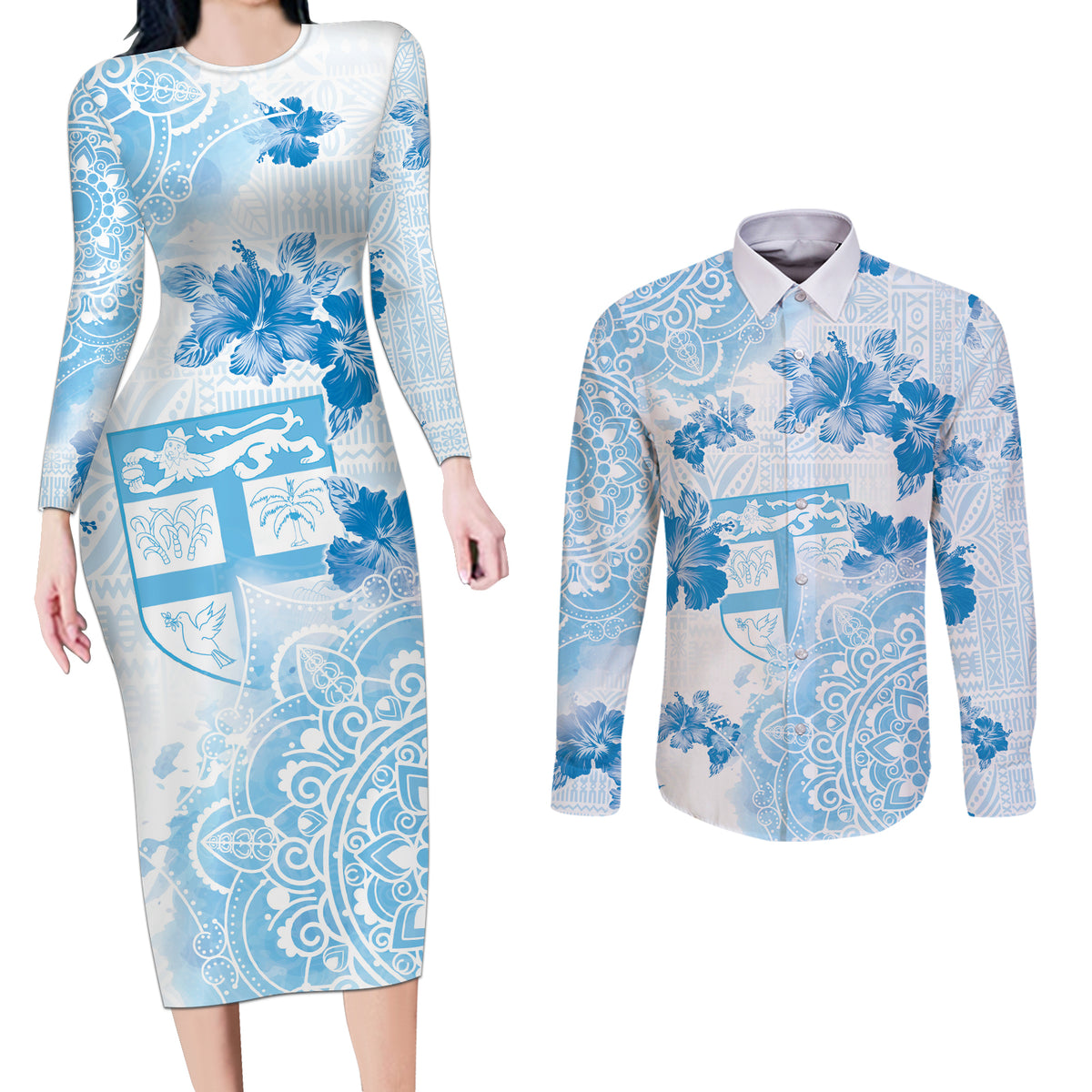 Happy Fiji Girmit Day Couples Matching Long Sleeve Bodycon Dress and Long Sleeve Button Shirt Fijian Tapa With Mandala Pattern
