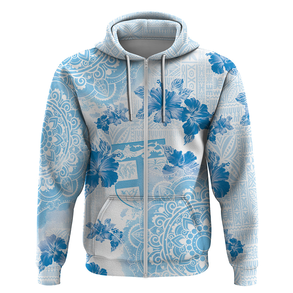 Happy Fiji Girmit Day Hoodie Fijian Tapa With Mandala Pattern LT05 Zip Hoodie Blue - Polynesian Pride
